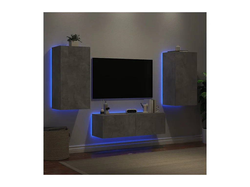 Meuble TV | Banc TV | Armoire TV muraux 3 pcs avec lumières LED gris béton