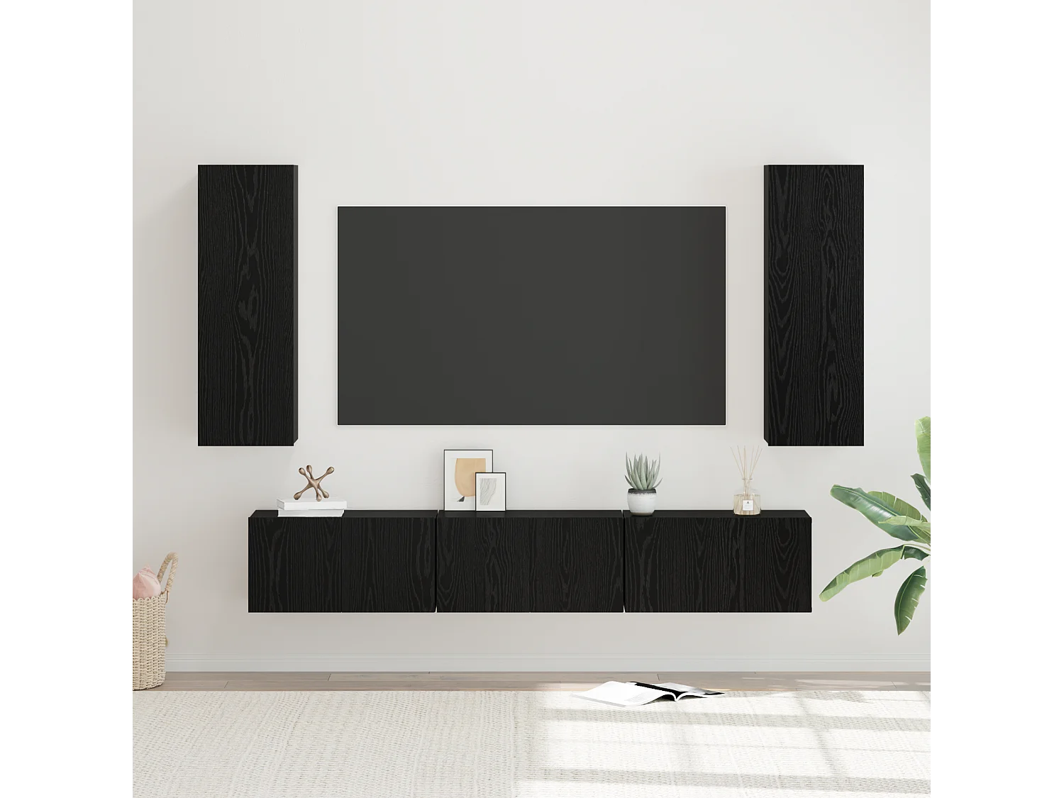 Conjunto de Mueble de TV | Mueble de salón Montaje en la pared 5 pcs Roble negro