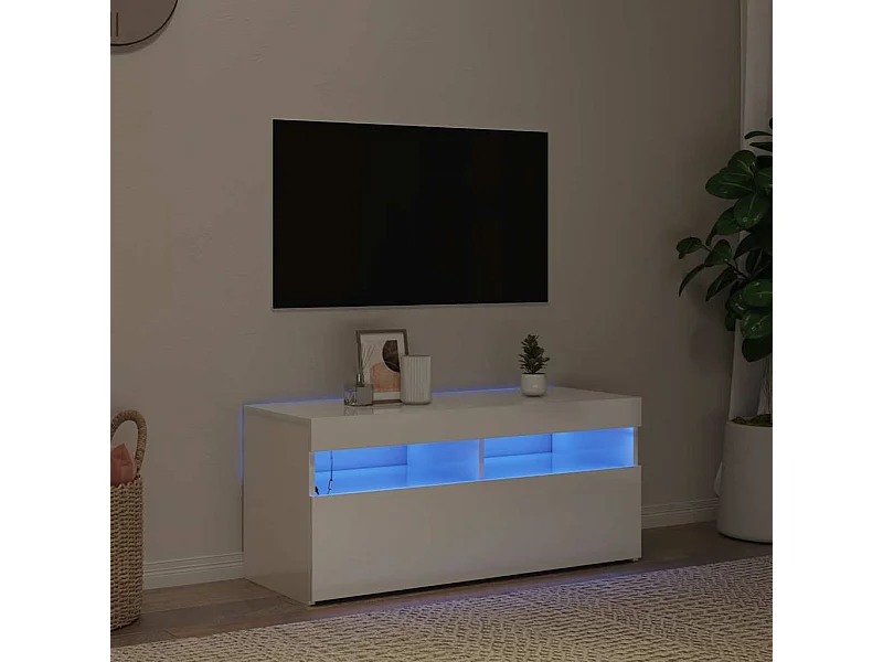 Meuble TV | Banc TV | Armoire TV avec lumières LED blanc brillant 90x35x40 cm