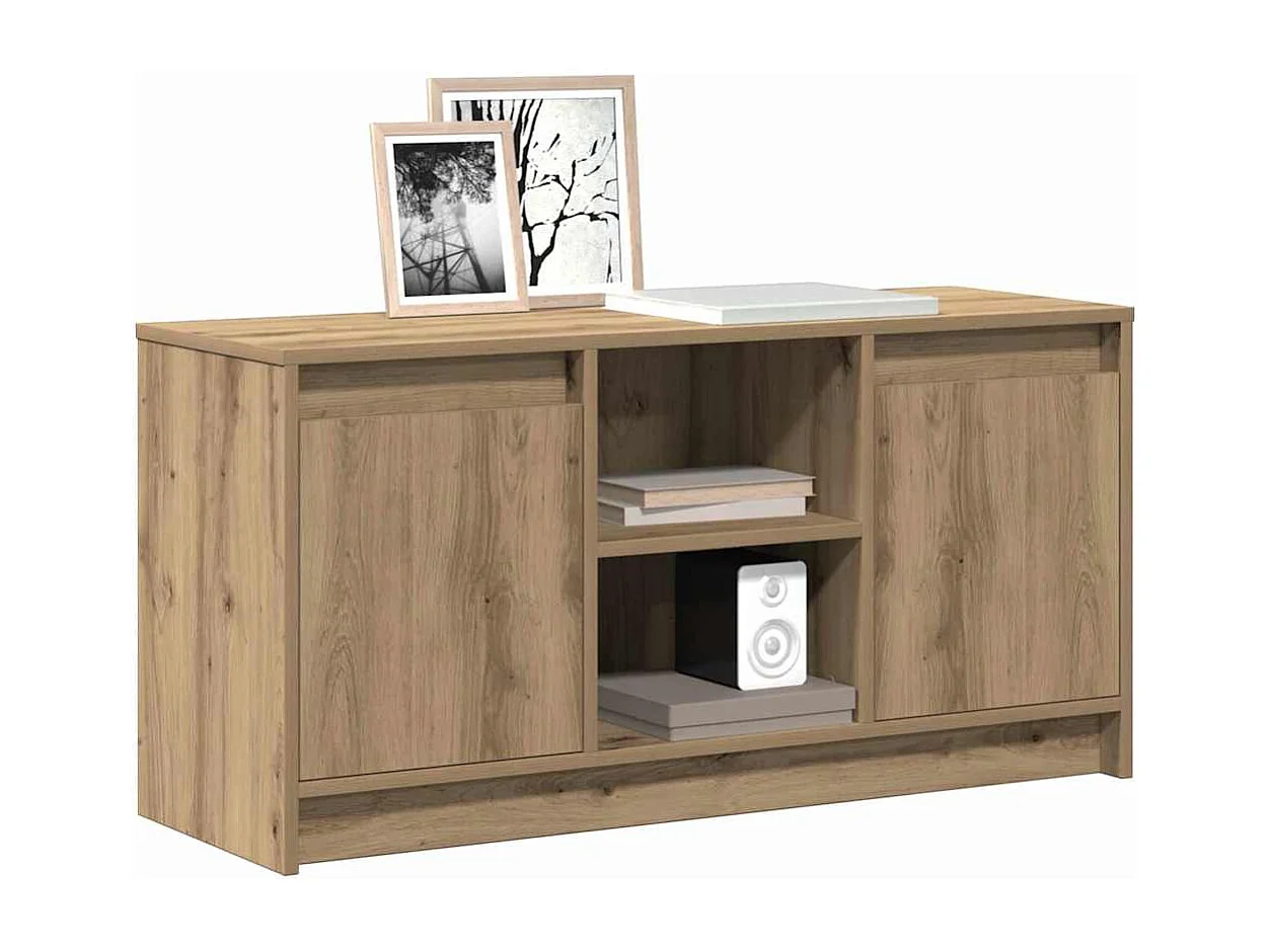 Meuble TV | Banc TV | Armoire TV avec éclairage LED en chêne artisanal, dimensions 100x34x50 cm, fabriqué en bois d'ingénierie.