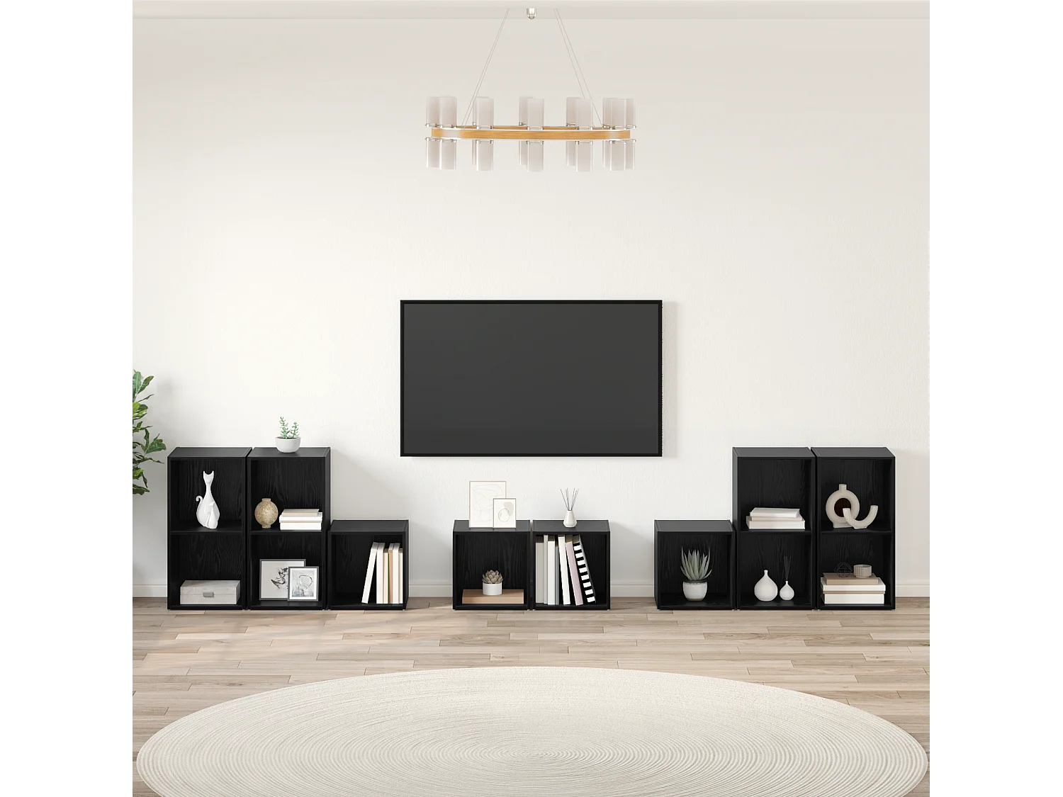 TV-kast | Tv-meubel | Tv-Bank set met plank met opslag 8 pcs Zwart Eiken Bewerkt hout