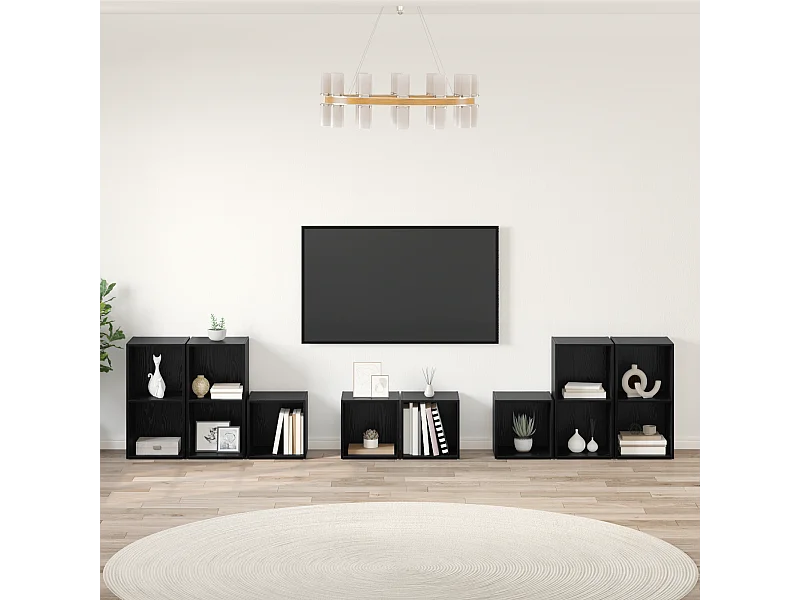 TV-kast | Tv-meubel | Tv-Bank set met plank met opslag 8 pcs Zwart Eiken Bewerkt hout
