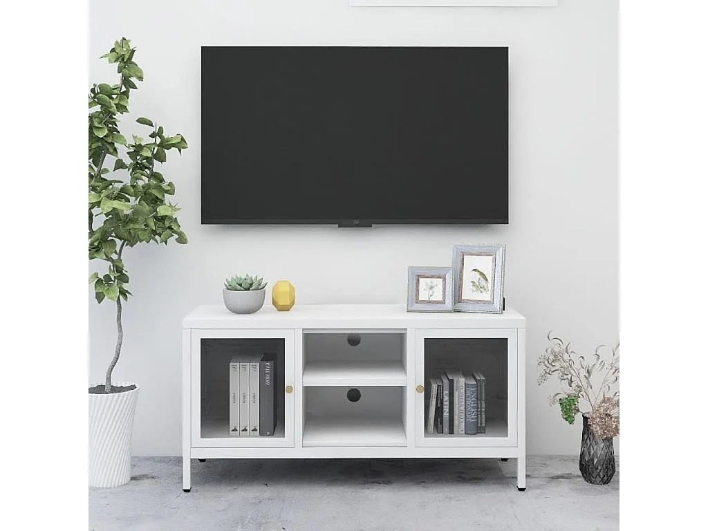 Meuble TV | Banc TV | Armoire TV Blanc 105x35x52 cm Acier et verre
