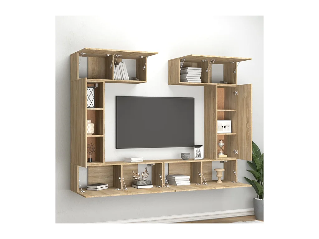 Set de muebles para TV  | Gabinetes de TV |  Muebles de salón 6 pzas madera contrachapada roble sonoma