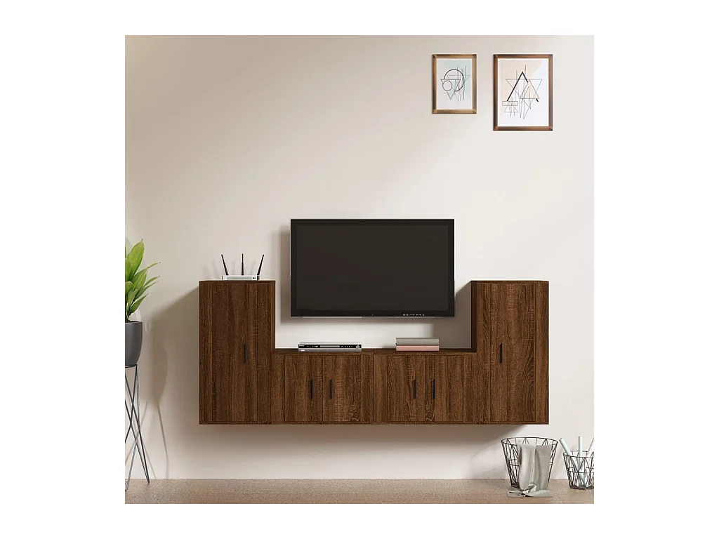 Set de muebles para TV  | Gabinetes de TV |  Muebles de salón 4 pzas madera contrachapada marrón roble
