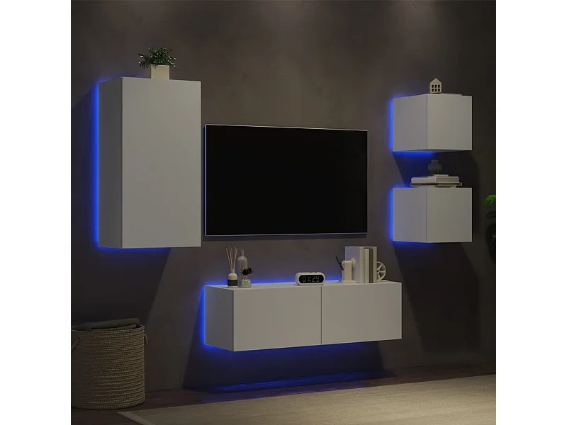 Muebles de TV | Gabinetes de TV |  Muebles de salón de pared con luces LED 4 piezas blanco