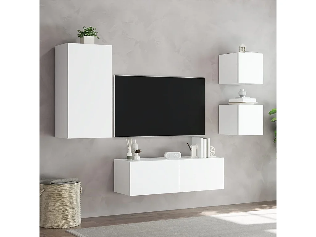 Muebles de TV | Gabinetes de TV |  Muebles de salón de pared con luces LED 4 piezas blanco