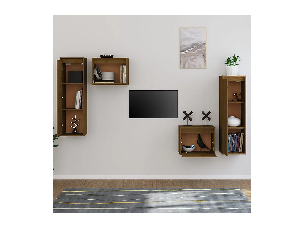 muebles para TV  | Gabinetes de TV |  Muebles de salón 4 piezas madera maciza de pino marrón miel