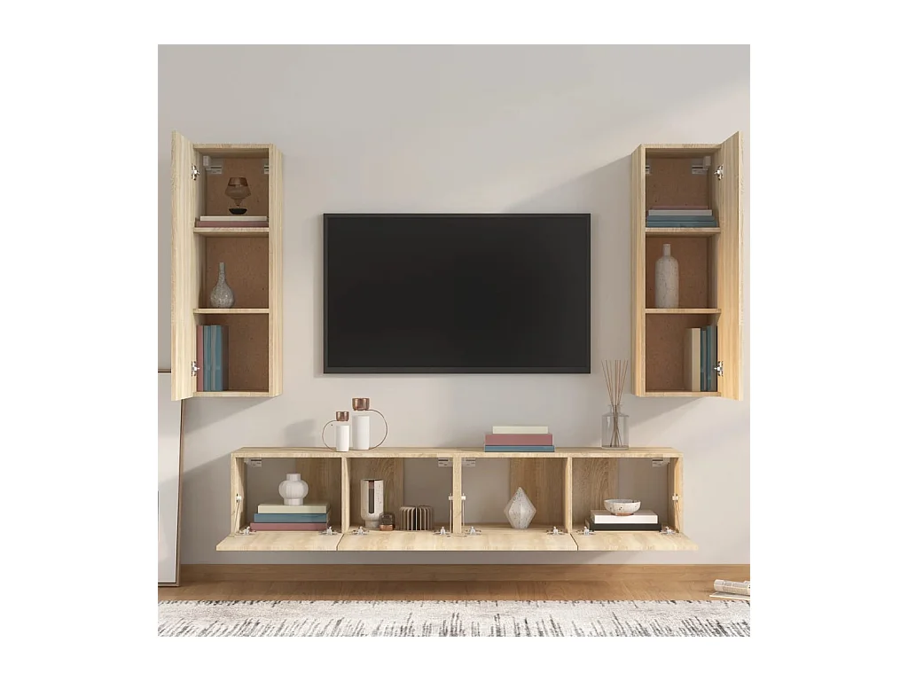 Set de muebles para TV  | Gabinetes de TV |  Muebles de salón 4 pzas madera contrachapada roble Sonoma