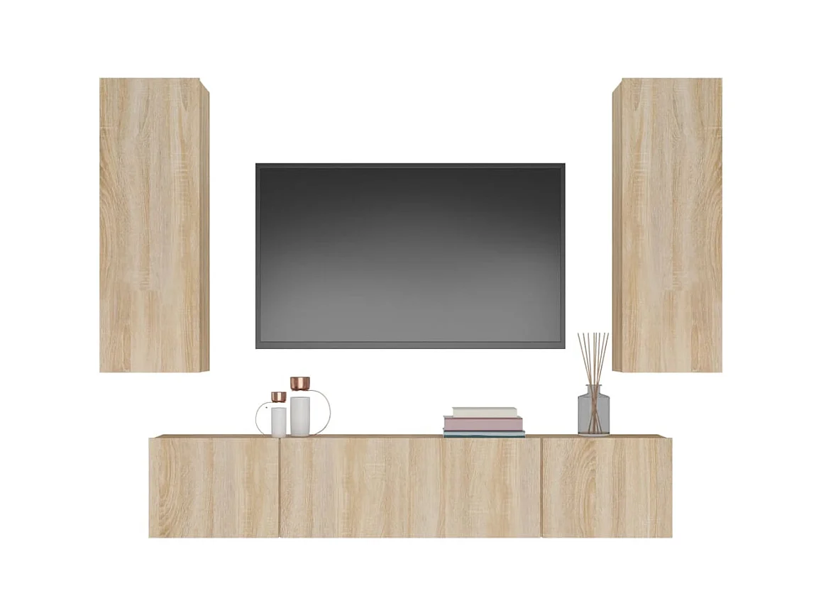 Set de muebles para TV  | Gabinetes de TV |  Muebles de salón 4 pzas madera contrachapada roble Sonoma