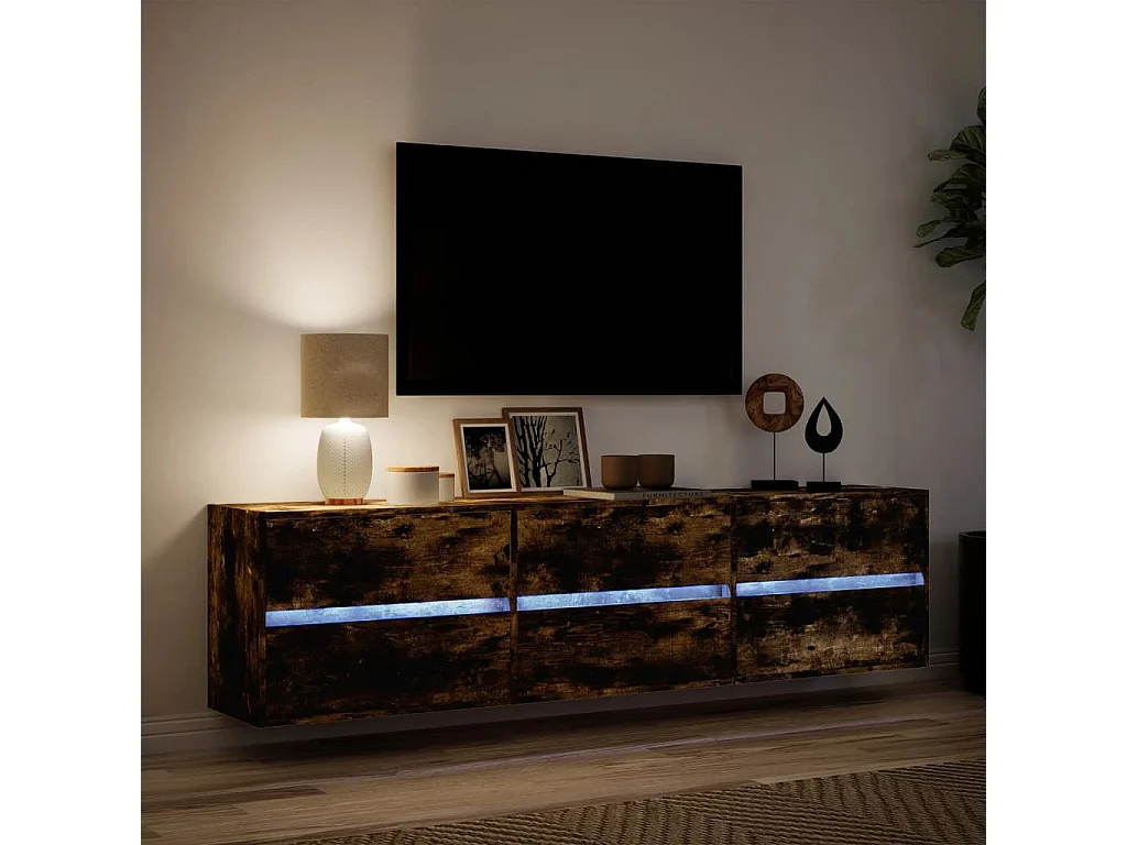 Meuble TV | Banc TV | Armoire TV mural avec LED chêne fumé 180x31x45 cm