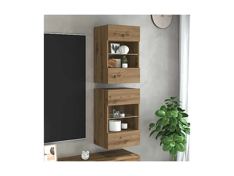 Mueble TV | Armarios de pared con luces LED para TV 2 uds roble artisian 40x30x60,5cm