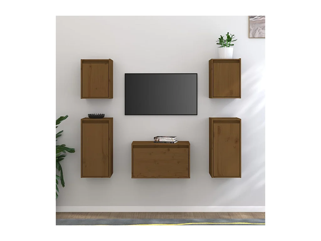 muebles para TV  | Gabinetes de TV |  Muebles de salón 5 piezas madera maciza de pino marrón miel