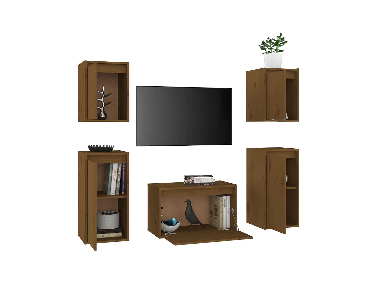 muebles para TV  | Gabinetes de TV |  Muebles de salón 5 piezas madera maciza de pino marrón miel