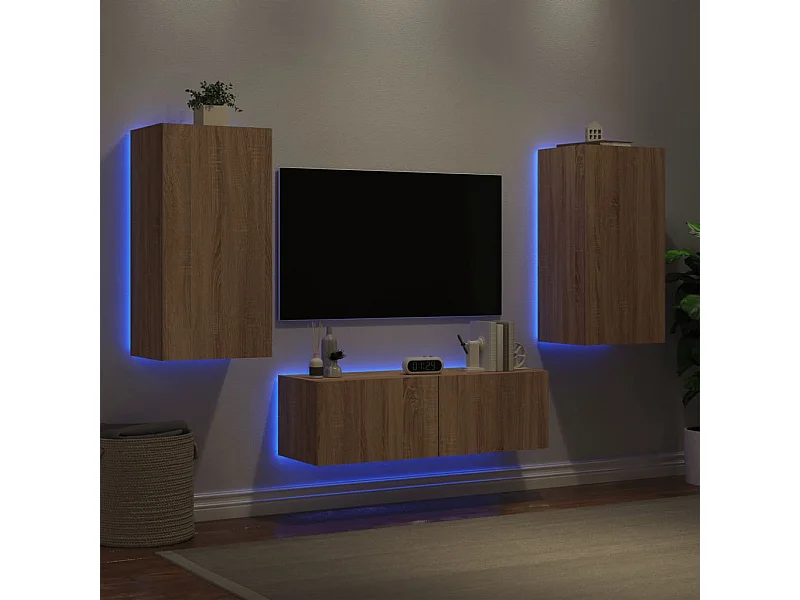 Muebles de TV | Gabinetes de TV |  Muebles de salón de pared con luces LED 3 piezas roble Sonoma