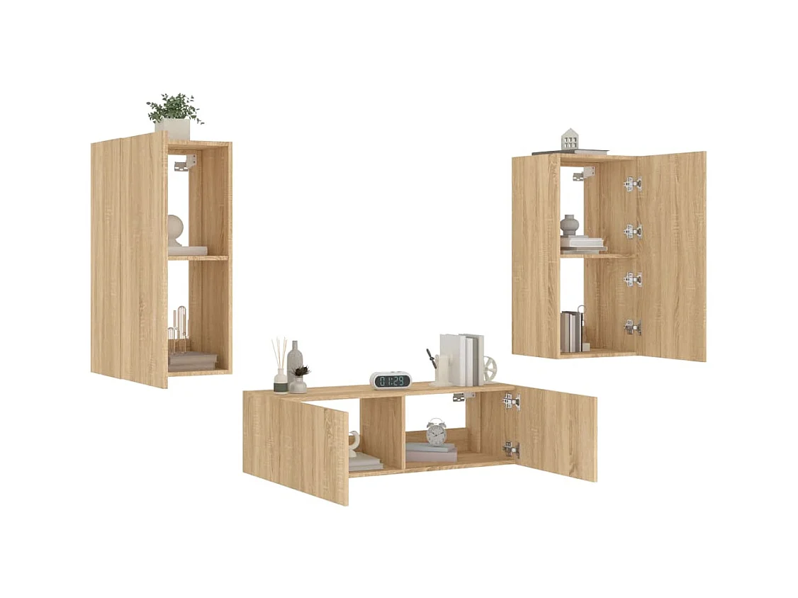Muebles de TV | Gabinetes de TV |  Muebles de salón de pared con luces LED 3 piezas roble Sonoma