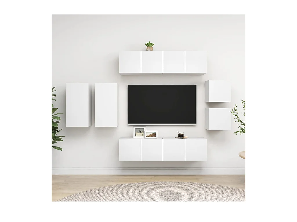 Set de Mueble para TV  | Gabinete de TV |  Mueble de salón de 8 piezas madera contrachapada blanco