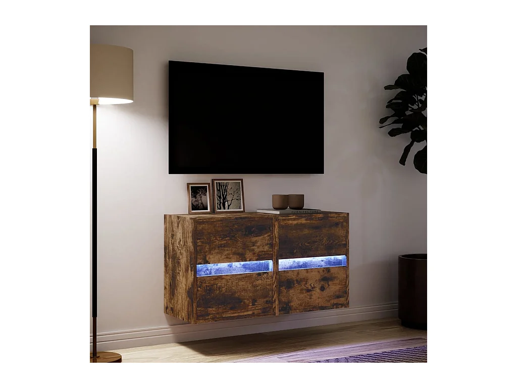 Muebles TV | Gabinetes de TV | Muebles de salón de pared luces LED 2 uds roble ahumado 41x31x45 cm