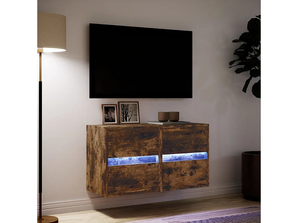 Muebles TV | Gabinetes de TV | Muebles de salón de pared luces LED 2 uds roble ahumado 41x31x45 cm