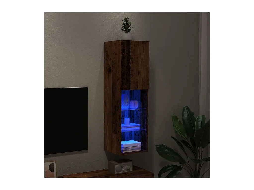 Mueble para TV  | Gabinete de TV |  Mueble de salón con luces LED madera envejecida 30,5x30x102 cm