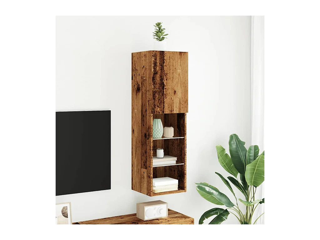 Mueble para TV  | Gabinete de TV |  Mueble de salón con luces LED madera envejecida 30,5x30x102 cm