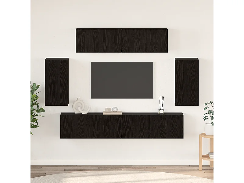 Meuble TV | Banc TV | Armoire TV mural 6 pcs Chêne Noir Bois d'ingénierie
