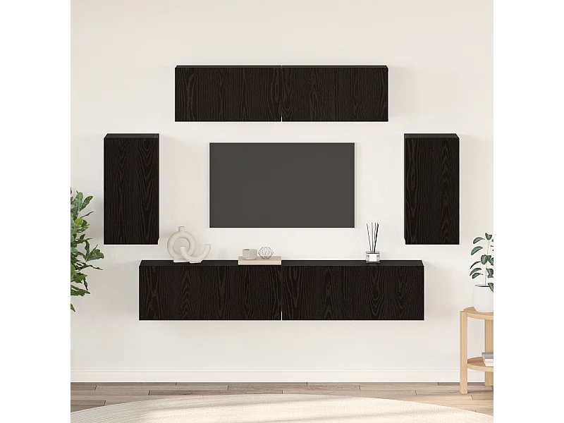 Meuble TV | Banc TV | Armoire TV mural 6 pcs Chêne Noir Bois d'ingénierie