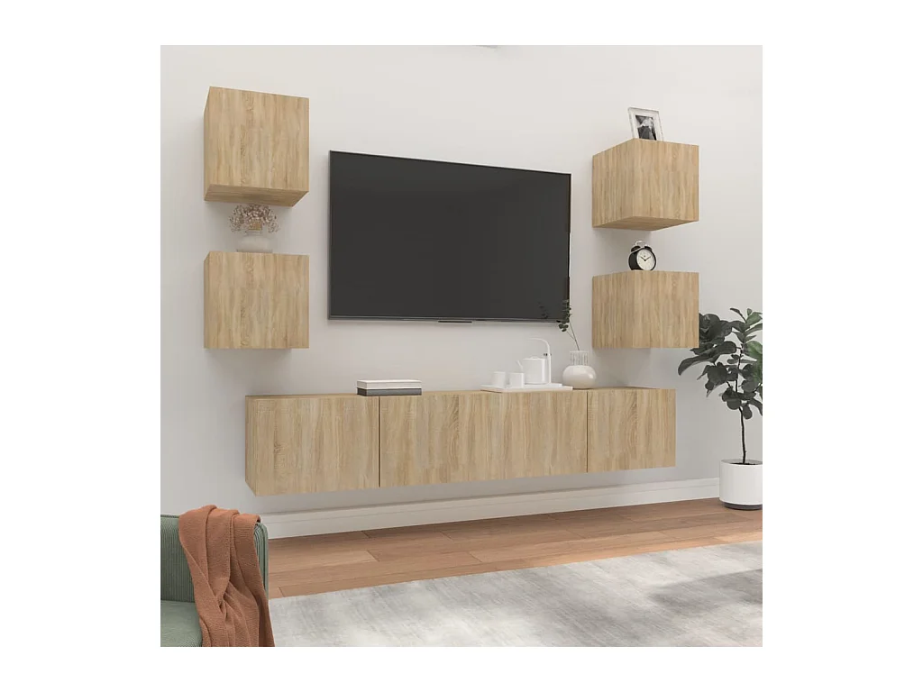 Set de muebles para TV  | Gabinetes de TV |  Muebles de salón 6 pzas madera contrachapada roble sonoma