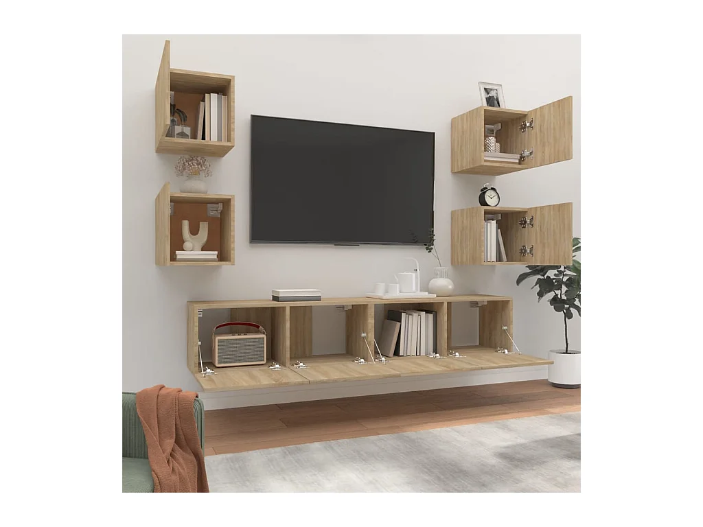Set de muebles para TV  | Gabinetes de TV |  Muebles de salón 6 pzas madera contrachapada roble sonoma