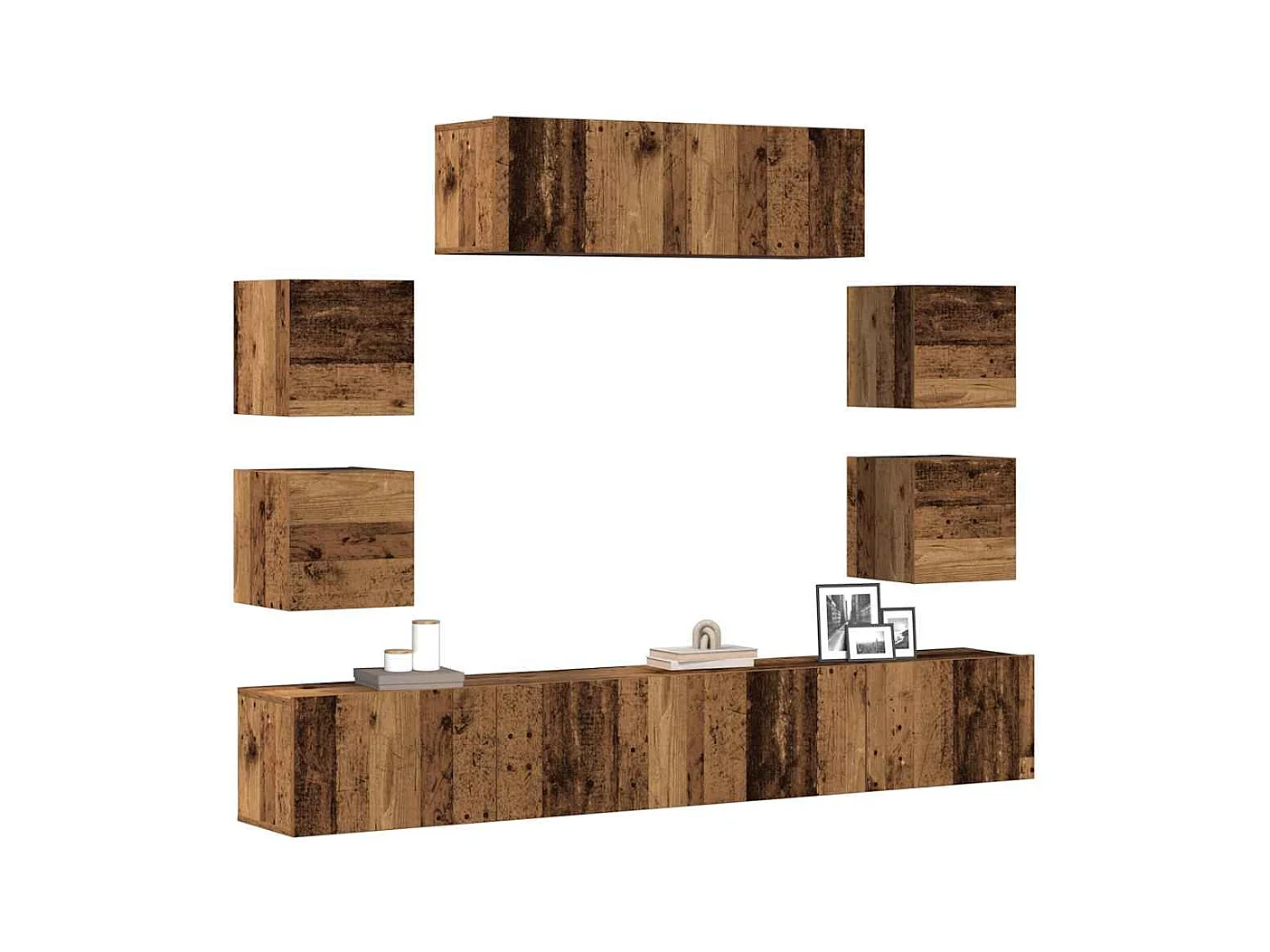 7-delig Tv-meubelset | Tv-Bank | TV-kast wandmontage bewerkt hout oud houtkleurig