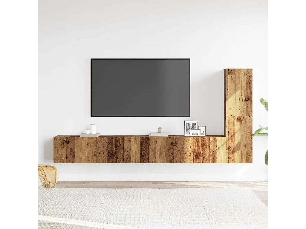 3-delig Tv-meubelset | Tv-Bank | TV-kast wandmontage bewerkt hout oud houtkleurig