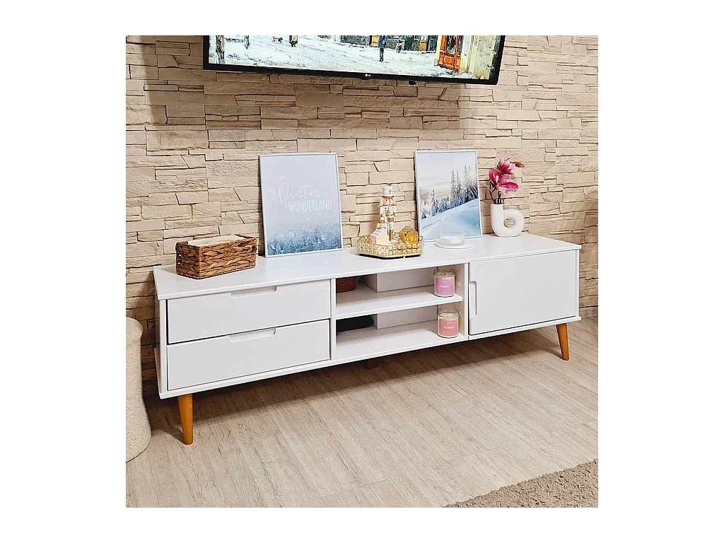 Mueble de TV | Mueble de salón MOLDE madera maciza de pino blanca 158x40x49 cm