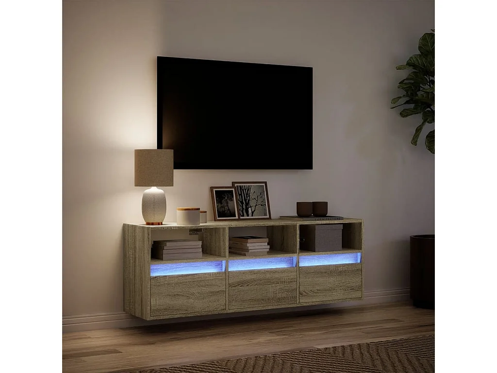Meuble TV | Banc TV | Armoire TV mural avec lumières LED chêne sonoma 130x31x45 cm