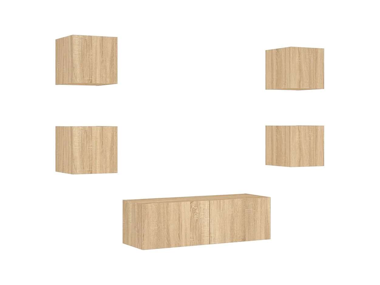 Muebles de TV | Gabinetes de TV |  Muebles de salón de pared con luces LED 5 piezas roble Sonoma