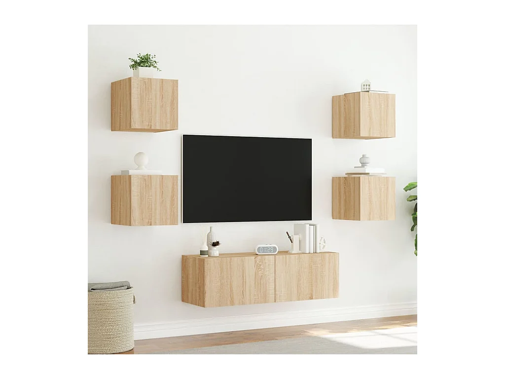 Muebles de TV | Gabinetes de TV |  Muebles de salón de pared con luces LED 5 piezas roble Sonoma