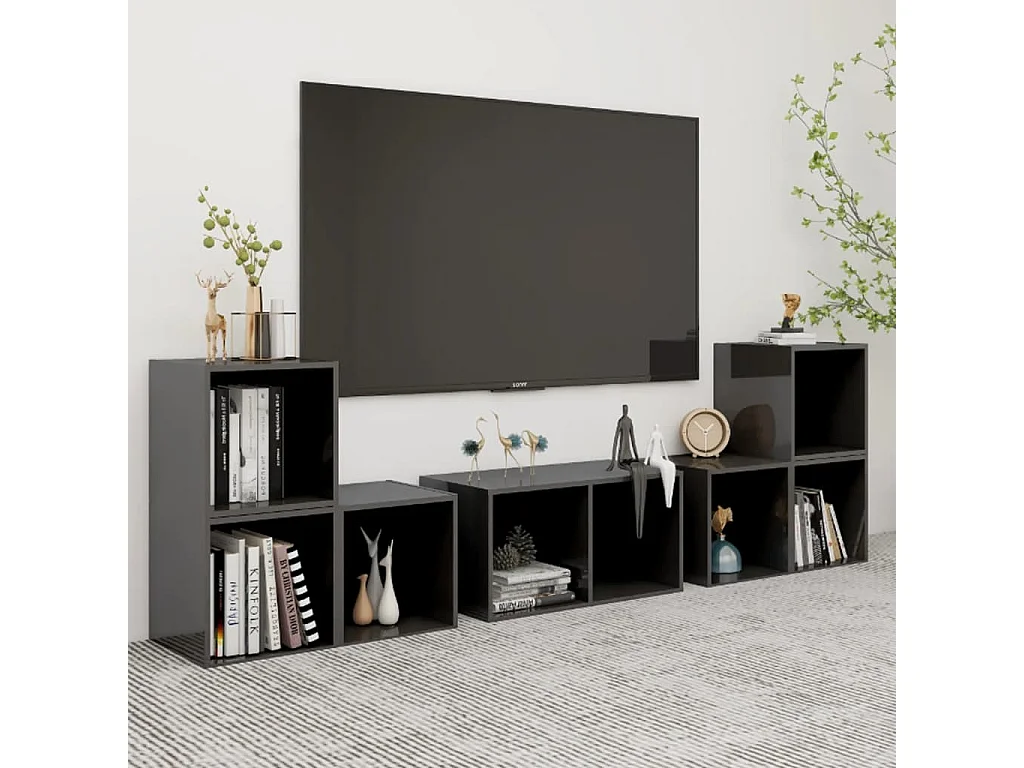 Muebles de salón | Gabinetes de TV |  Muebles de TV 6 piezas madera de ingeniería gris brillo