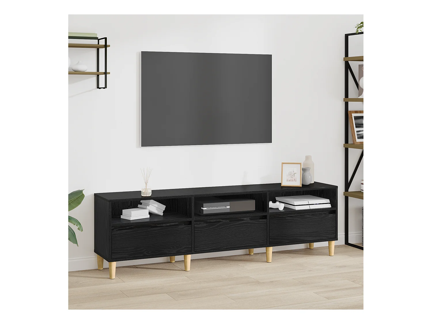 TV-kast | Tv-meubel | Tv-Bank met lade met plank met opslag Zwart eiken 150 x 30 x 45 cm Bewerkt hout