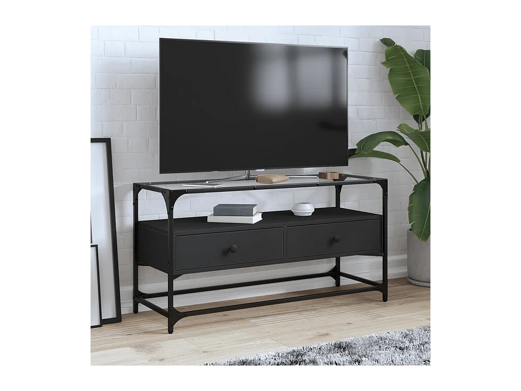 Mueble TV | Gabinete de TV | Mueble de salón cristal y madera ingeniería negro 98x35x51 cm