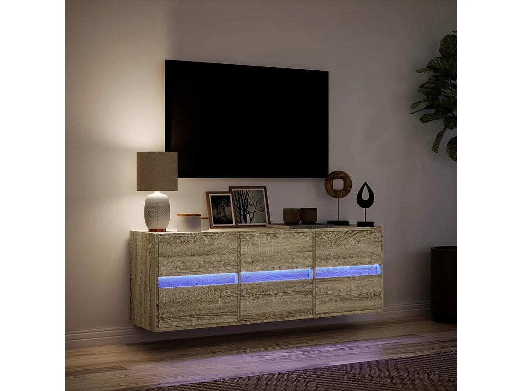 Meuble TV | Banc TV | Armoire TV mural avec lumières LED chêne sonoma 130x31x45 cm