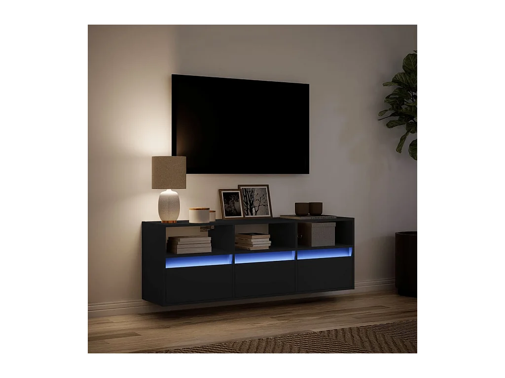 Mueble de TV | Mueble de salón de pared con luces LED negro 130x31x45 cm
