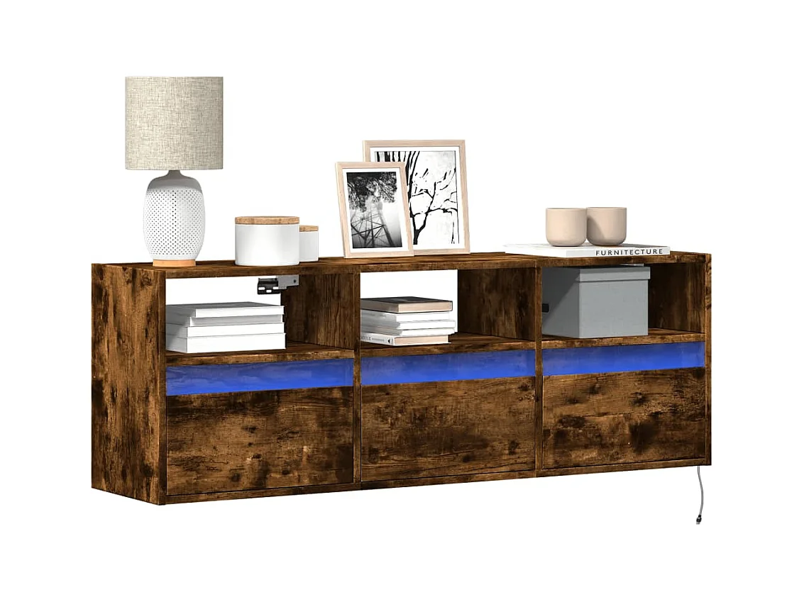 Mueble de TV | Mueble de salón de pared con luces LED roble ahumado 130x31x45 cm
