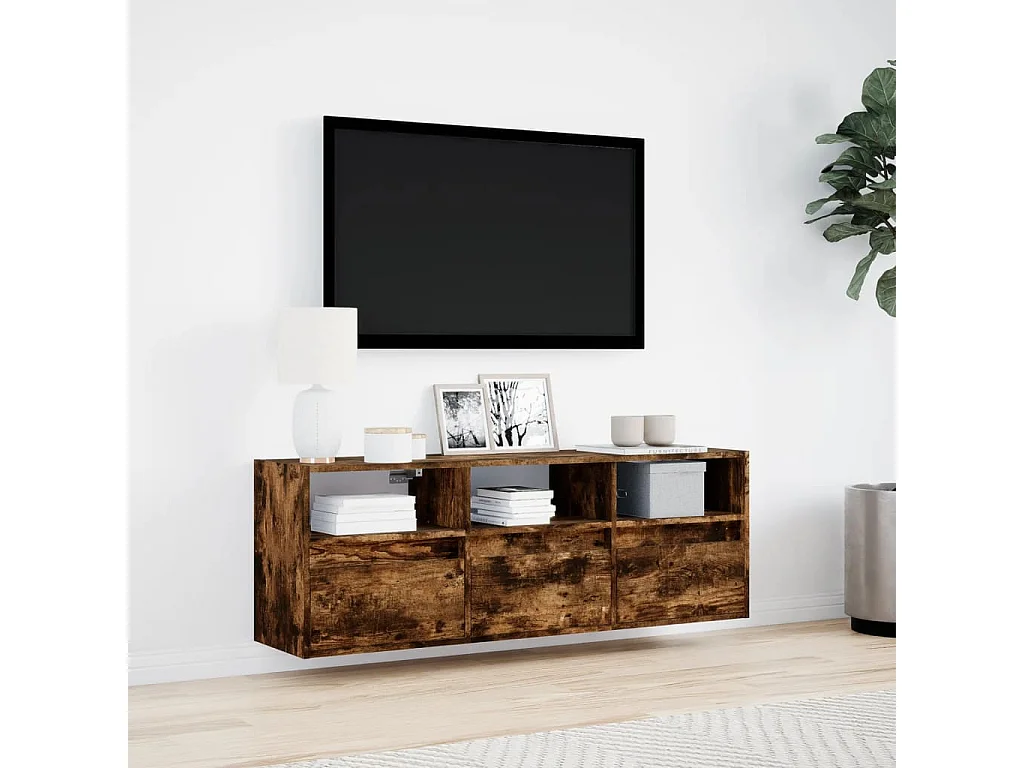 Meuble TV | Banc TV | Armoire TV mural avec lumières LED chêne fumé 130x31x45 cm