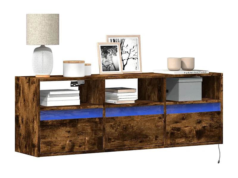 Meuble TV | Banc TV | Armoire TV mural avec lumières LED chêne fumé 130x31x45 cm