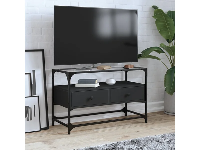Meuble TV | Banc TV | Armoire TV et dessus en verre noir 80x35x51 cm bois d'ingénierie
