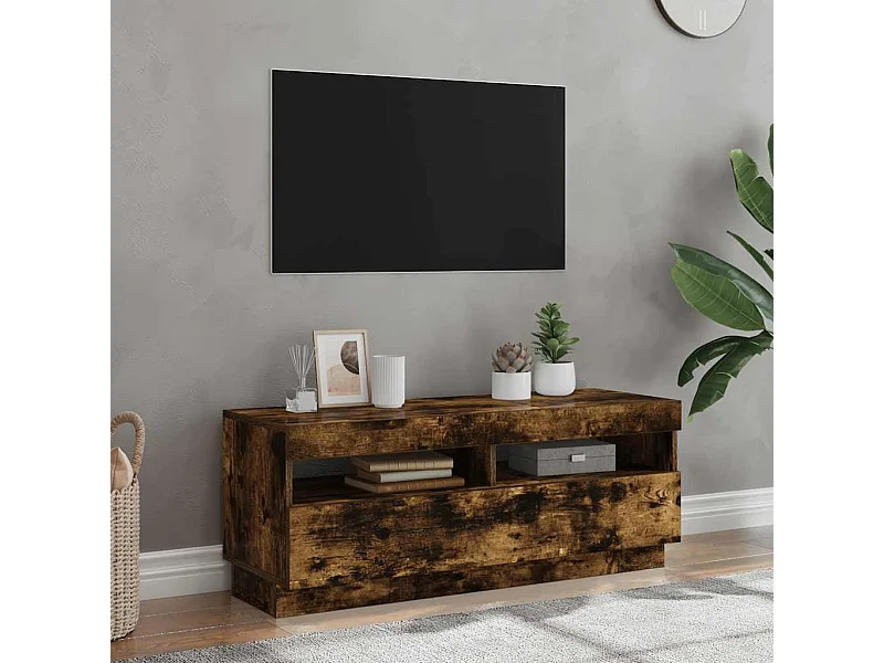 Meuble TV | Banc TV | Armoire TV avec lumières LED chêne fumé 100x35x40 cm