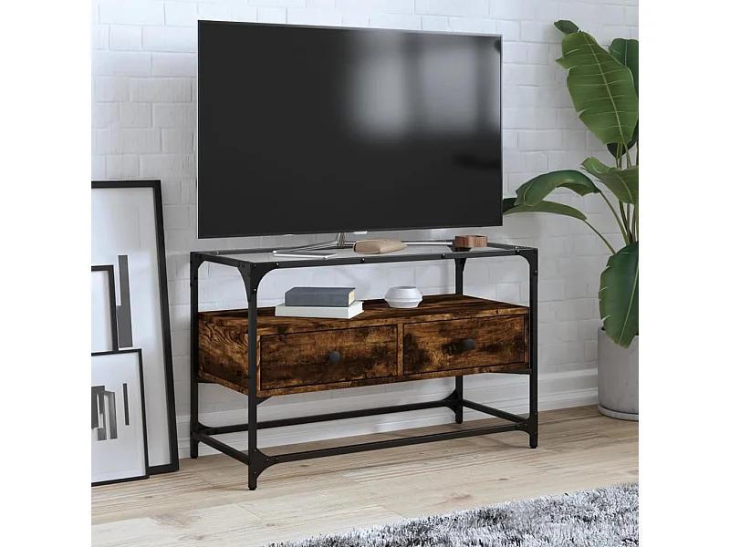 Mueble TV | Gabinete de TV | Mueble de salón cristal y madera ingeniería roble ahumado 80x35x51 cm