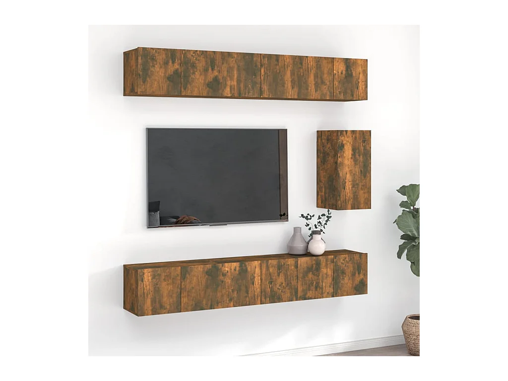 Set de muebles de TV | Gabinetes de TV |  Muebles de salón 7 pzas madera contrachapada roble ahumado