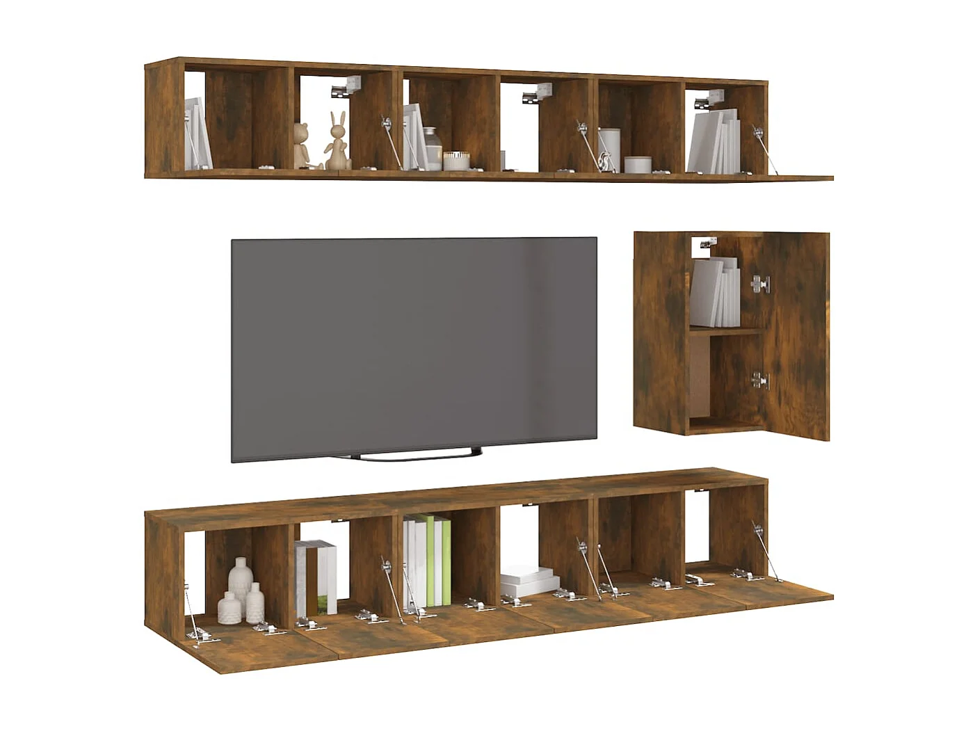 7-delige Tv-meubelset | Tv-Bank | TV-kast bewerkt hout gerookt eikenkleurig