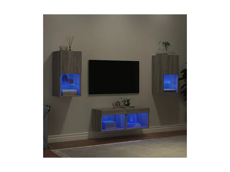 Muebles de TV | Gabinetes de TV |  Muebles de salón de pared con luces LED 4 piezas gris Sonoma