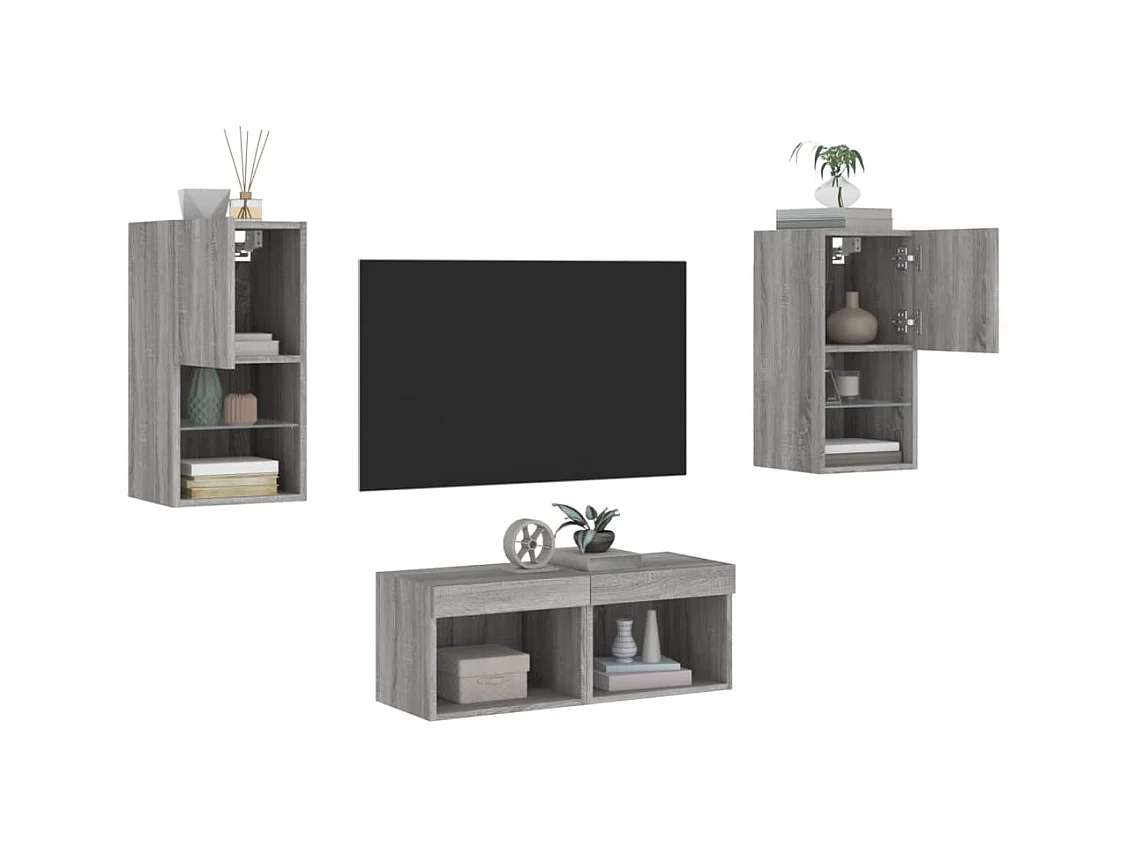 Muebles de TV | Gabinetes de TV |  Muebles de salón de pared con luces LED 4 piezas gris Sonoma